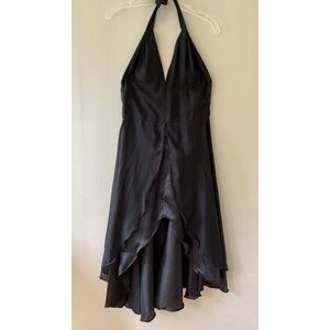 Silk A line V Neck Asymmetrical Layered Black Halter Strap Evening Dress Size S